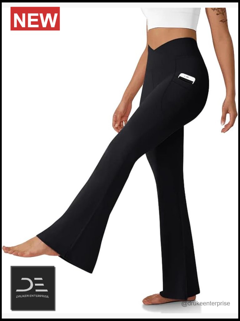 Flare Leggings With Pockets Crossover High Waisted Bootcut Yoga Pants Tummy